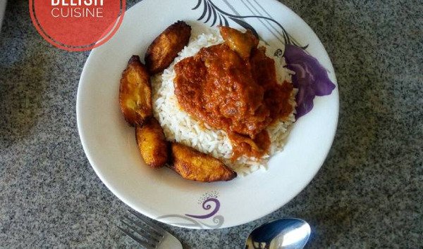 Chicken stew with Peacock rice and plantain