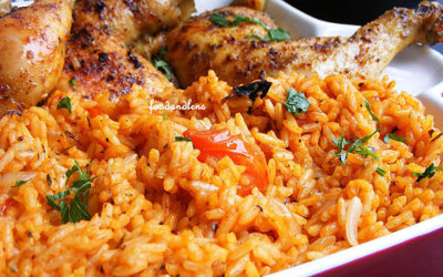 Barbecue chicken with jollof Peacock rice