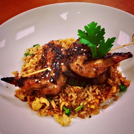 North African spiced chicken wing satay with Peacock rice
